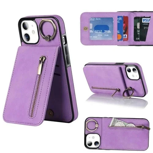 Funda para iPhone 11 Retro Ring y Zipper Rfid Card Slot (Púrpura)