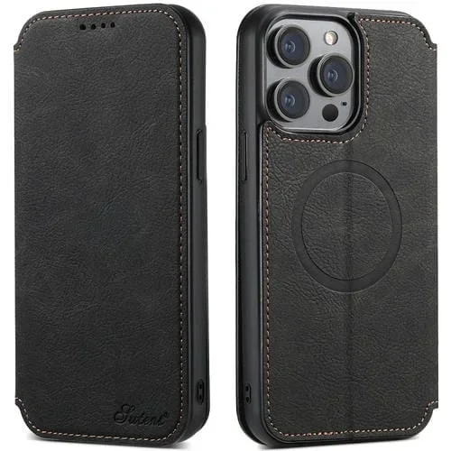 Funda para iPhone 12/12 Pro Suteni J06 Retro Mate Litchi Texture Leather Magnética Magsafe (Negro)