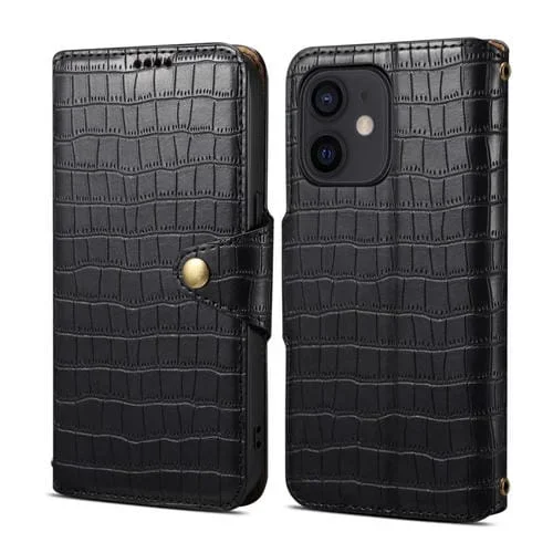 Funda para iPhone 12 Denior Cuero con Borde de Aceite y Textura de Cocodrilo (Negro)