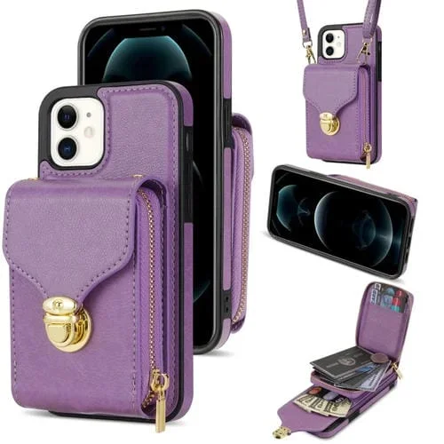 Funda para iPhone 12 Mini con Cremallera Hardware Card Wallet Phone Case (Púrpura)