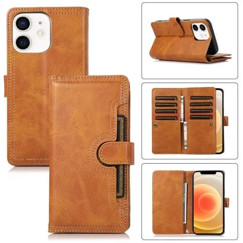 Funda para iPhone 12 Mini de Cuero con Ranura para Tarjeta y Pulsera (Marrón)