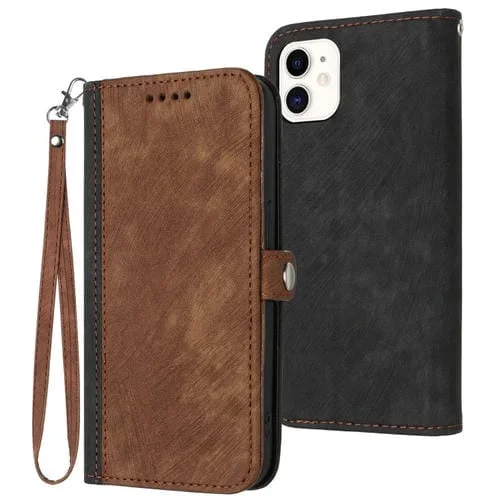 Funda para iPhone 12 Mini Hebilla Lateral Doble Pliegue Correa de Mano Cuero (Marrón)