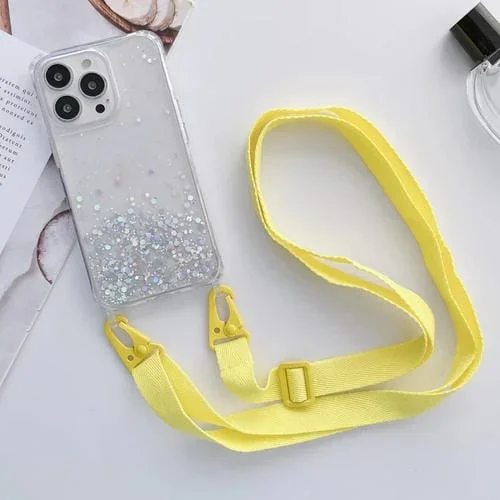 Funda para iPhone 12 Mini Lanyard Glitter Epoxy Clear Phone Case (Amarillo)