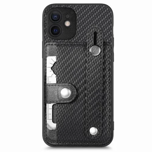 Funda para iPhone 12 Mini Muñequera Kickstand Tarjeta Monedero Contraportada Caja con Herramienta Cuchillo (Negro)