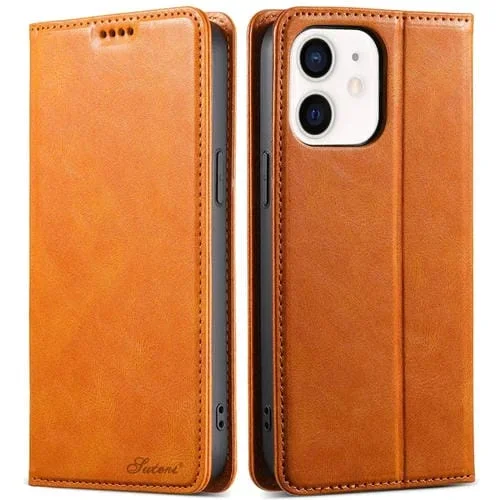 Funda para iPhone 12 Mini Suteni J02 Cuero con Billetera Cera de Aceite (Caqui)