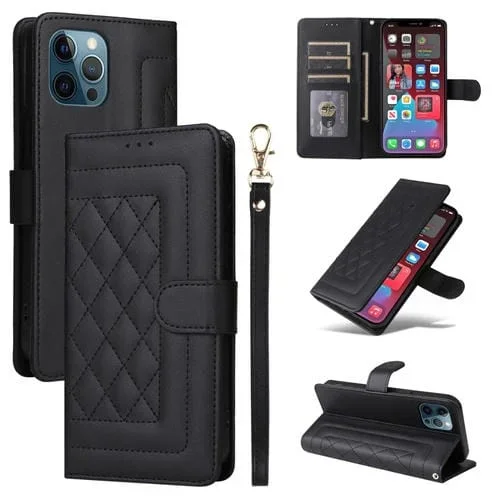 Funda para iPhone 12 Pro Max Diamond Lattice Cuero con Tapa (Negro)