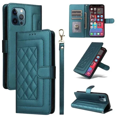 Funda para iPhone 12 Pro Max Diamond Lattice de Cuero con Tapa (Verde)