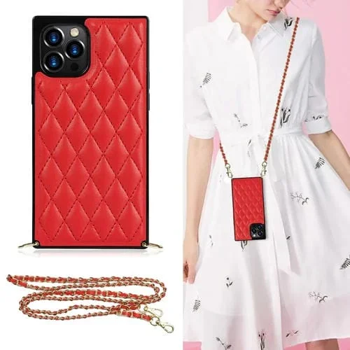 Funda para iPhone 12 Pro Max Microfibra Cuero TPU a Prueba de Golpes con Cadena Cruzada (Rojo)