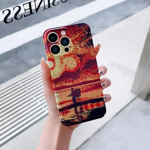 Funda para iPhone 12 Pro Max PC Precise Hole Pintura al Óleo Patrón (Sunset)
