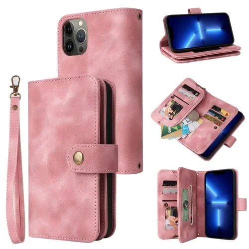Funda para iPhone 12 Pro Max Ranura para Tarjeta Multifuncional Cremallera Cartera Flip de Cuero (Oro Rosa)
