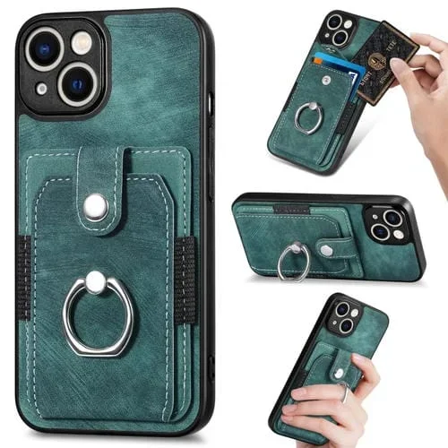 Funda para iPhone 12 Pro Max Retro Skin-Feel Ring Card Wallet Verde