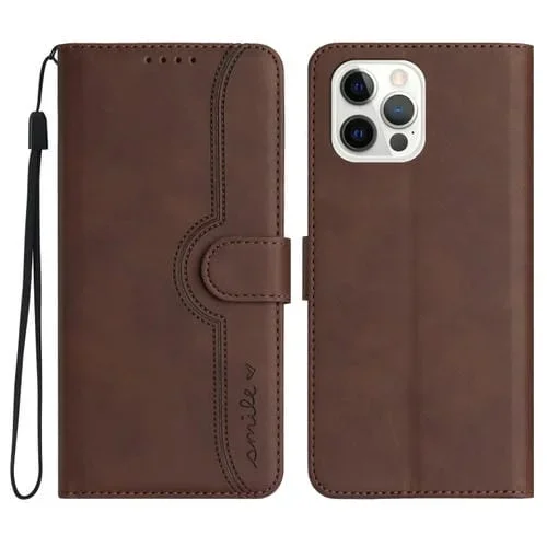 Funda para iPhone 12 Pro Max Skin Feel Leather con patrón Heart (Marrón)