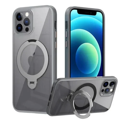 Funda para iPhone 12 Pro Max Transparente con Soporte de Anillo Giratorio Magnético Magsafe (Gris)