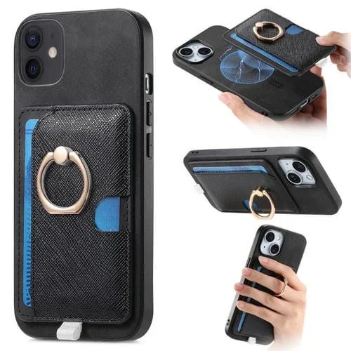 Funda para iPhone 13 Cuero Diseño Retro Cruzado Ranuras para Tarjetas Anillo (Negro)