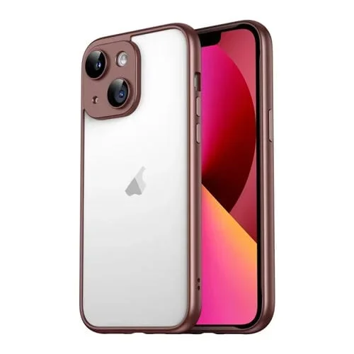 Funda para iPhone 13 Macaron PC Marco de Borde Puro con Película de Vidrio para Lentes (Marrón)
