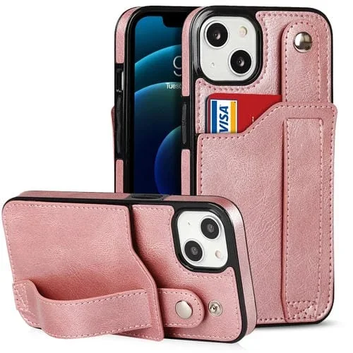 Funda para iPhone 13 Mini Crazy Horse Texture Cuero TPU y PU a Prueba de Golpes con Ranura para Tarjeta y Correa (Oro Rosa)
