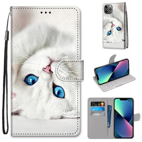 Funda para iPhone 13 Mini Cuero de PU Dibujo a Color Textura Cruzada Tapa Horizontal Soporte Ranuras Tarjetas Billetera y Cordón (Agua Potable de Tigre)