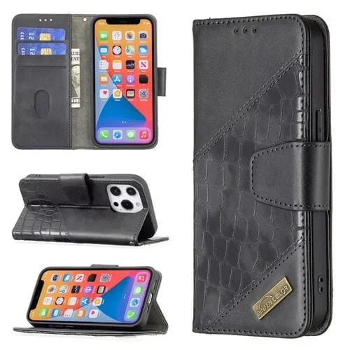 Funda para iPhone 13 Mini Cuero de PU Textura Cocodrilo con Tapa Horizontal Billetera Soporte Ranuras para Tarjetas (Negro)