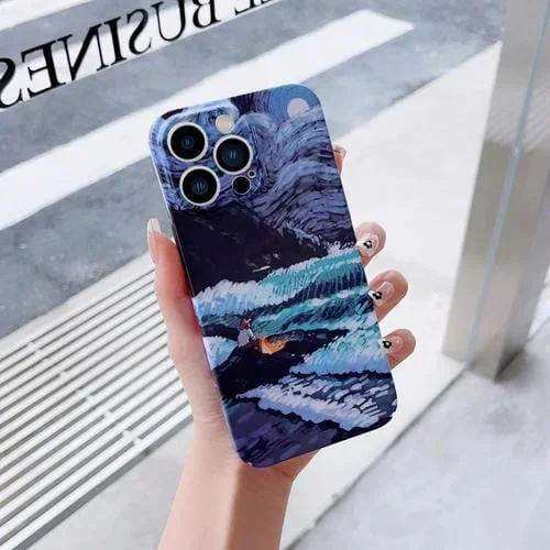Funda para iPhone 13 Mini PC Patrón de Pintura al Óleo Agujero Preciso (Ola Marina)
