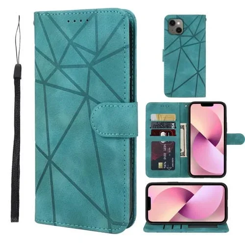 Funda para iPhone 13 Mini Skin Feel Cuero con Líneas Geométricas (Verde)