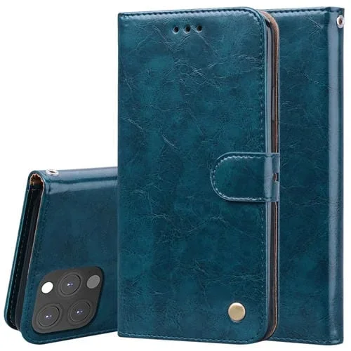 Funda para iPhone 13 Pro Business Style Oil Wax Textura Cuero con Tapa Horizontal Soporte Ranuras Tarjetas Billetera (Azul)