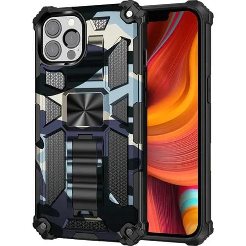 Funda para iPhone 13 Pro Camouflage Armor Kickstand TPU + PC Magnética (Azul Marino)