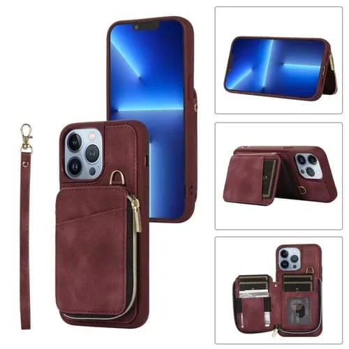 Funda para iPhone 13 Pro Cremallera Tarjeta Bolsa Contraportada Caja del Teléfono (Vino Rojo)