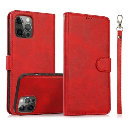 Funda para iPhone 13 Pro Cuero Textura de Becerro 2 en 1 Cubierta Trasera Magnética Desmontable Tapa Horizontal Soporte Ranuras Tarjetas Billetera Marco Fotos (Rojo)