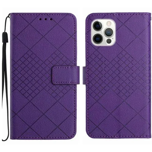 Funda para iPhone 13 Pro de Cuero con Textura de Rejilla Rómbica (Púrpura)