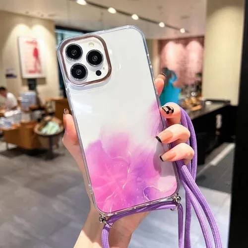 Funda para iPhone 13 Pro Gold Halo Marble Pattern con Lanyard (Púrpura)