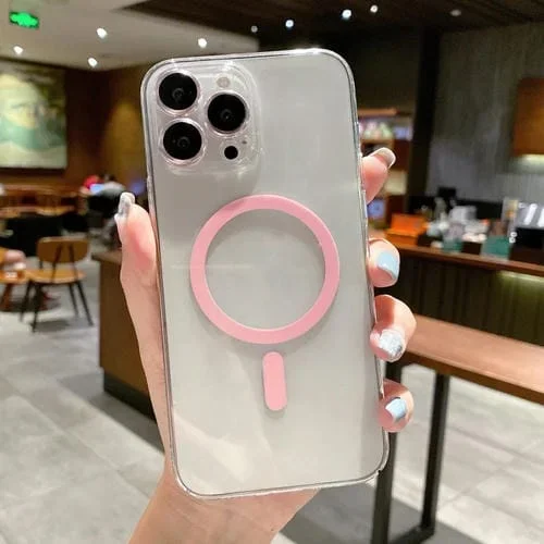 Funda para iPhone 13 Pro Magsafe Magnético Transparente PC con Película de Lente de Cristal (Rosa)