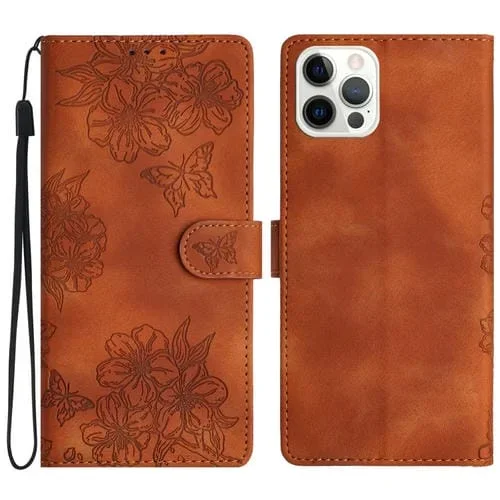Funda para iPhone 13 Pro Max Cherry Blossom Butterfly Skin Feel de PU en Relieve (Marrón)
