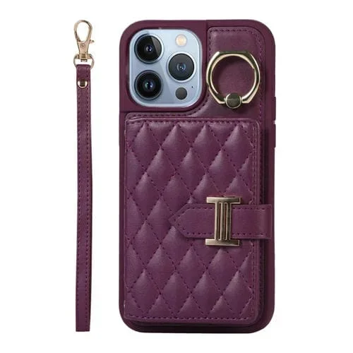 Funda para iPhone 13 Pro Max Horizontal Card Bag Ring Holder con Doble Cordón (Morado Oscuro)