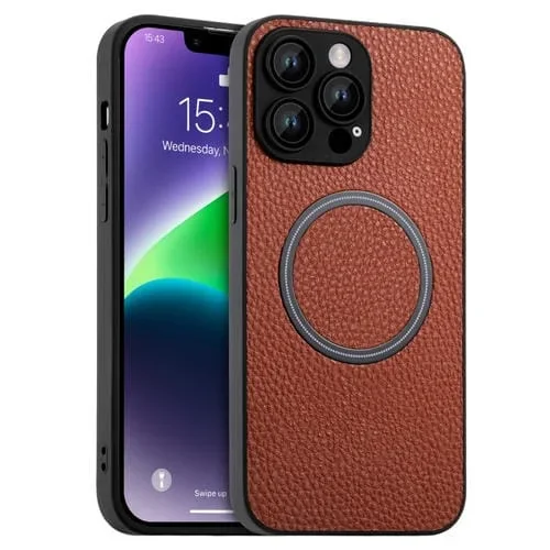 Funda para iPhone 13 Pro Max Skin Feel Litchi Texture Magsafe Magnética (Marrón)