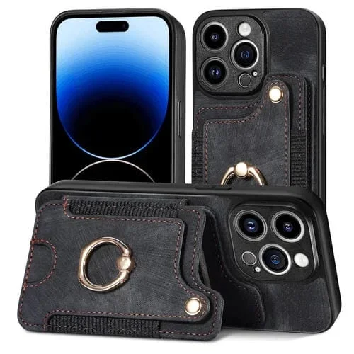 Funda para iPhone 13 Pro Retro Skin-Feel con Anillo y Billetera Multi Tarjeta (Negro)