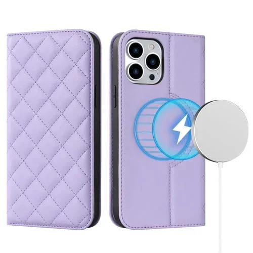 Funda para iPhone 13 Pro Rhombic Magsafe Rfid Antirrobo Cuero Tipo Billetera (Púrpura)