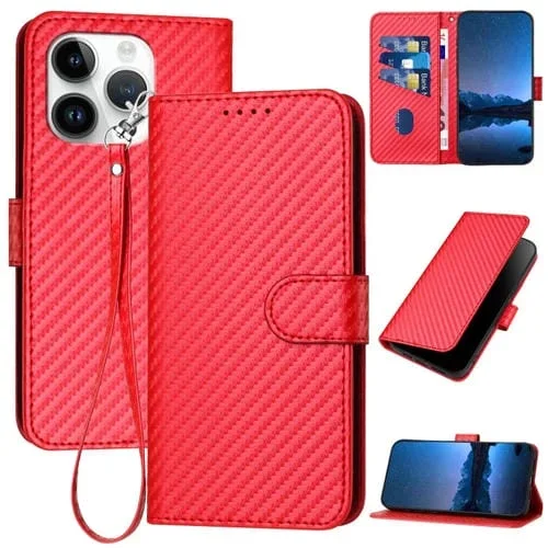 Funda para iPhone 13 Pro Yx0070 Cuero Hebilla Fibra de Carbono Cordón (Rojo)