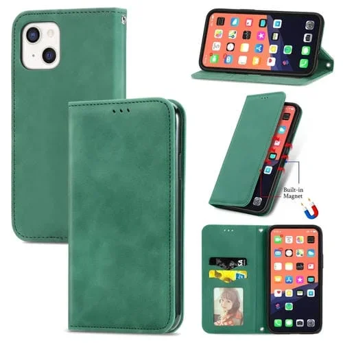 Funda para iPhone 13 Retro Piel Siente Negocio Magnético Horizontal Flip con Soporte y Ranuras para Tarjetas y Marco de Fotos (Verde)