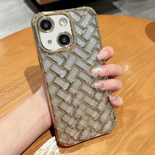 Funda para iPhone 13 Woven Grid 3D Galvanoplastia Grabado Láser Glitter Paper (Oro)