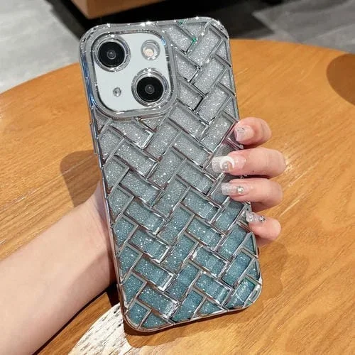 Funda para iPhone 13 Woven Grid 3D Galvanoplastia Grabado Láser Glitter Paper (Plata)