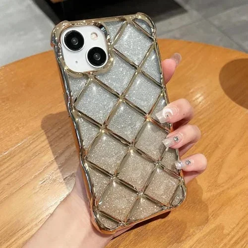 Funda para iPhone 14/13 3D Diamond Lattice Laser Engraving Glitter Paper (Gradiente de Oro)