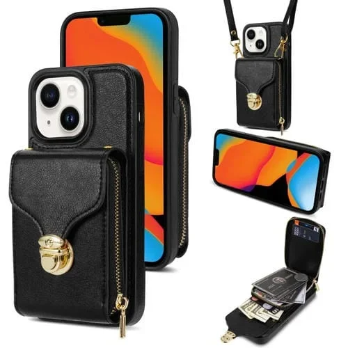 Funda para iPhone 14/13 con Cremallera Hardware Card Wallet (Negro)