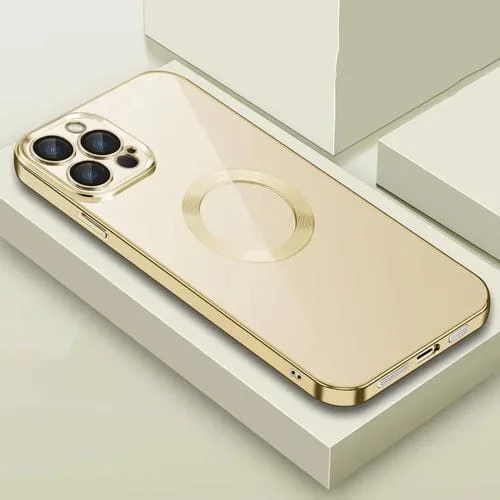 Funda para iPhone 14 9D Plated Lens Film Clear Phone Case (Oro)