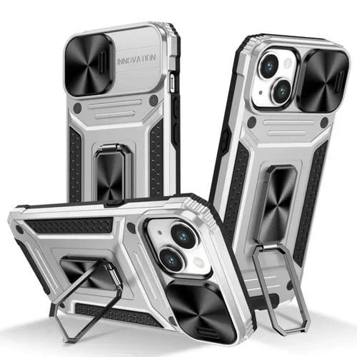 Funda para iPhone 14 Camshield Robot TPU Hybrid PC Phone Case (Plata)