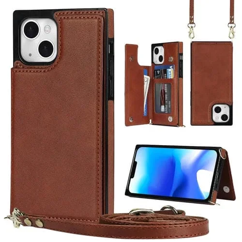 Funda para iPhone 14 Cross-Body Square Dual-Hebilla Tarjeta Flip Wallet (Marrón)