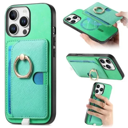 Funda para iPhone 14 Cuero Diseño Retro Cruz Ranuras Tarjetas Anillo Lateral (Verde)