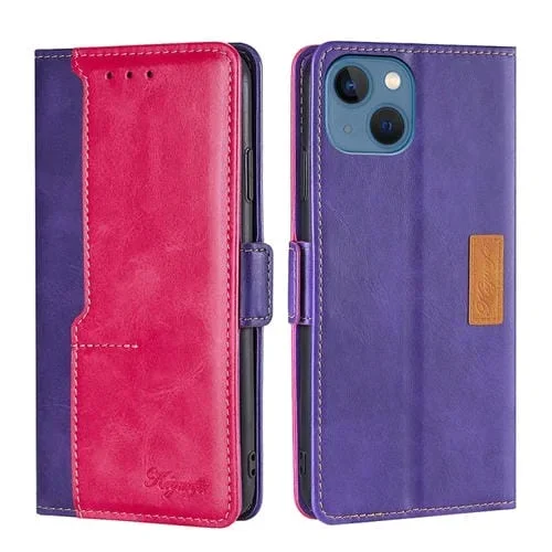 Funda para iPhone 14 de Cuero con Hebilla Lateral y Color de Contraste (Púrpura + Rosa Roja)