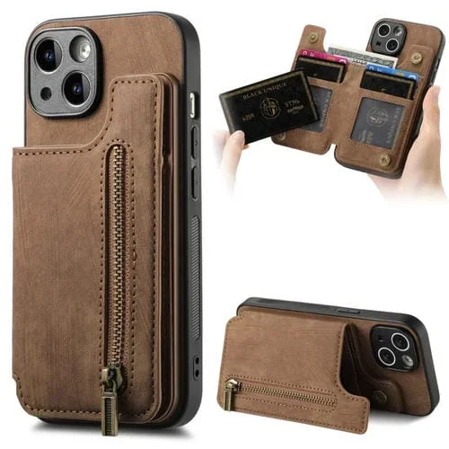 Funda para iPhone 14 de Cuero Retro con Cremallera y Billetera (Marrón)