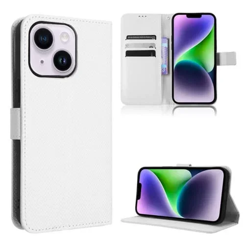 Funda para iPhone 14 Diamond Texture Leather Phone Case Función Protección (Blanco)