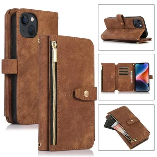 Funda para iPhone 14 Dream 9-Card Wallet Zipper Bag de Cuero para Teléfono (Marrón)